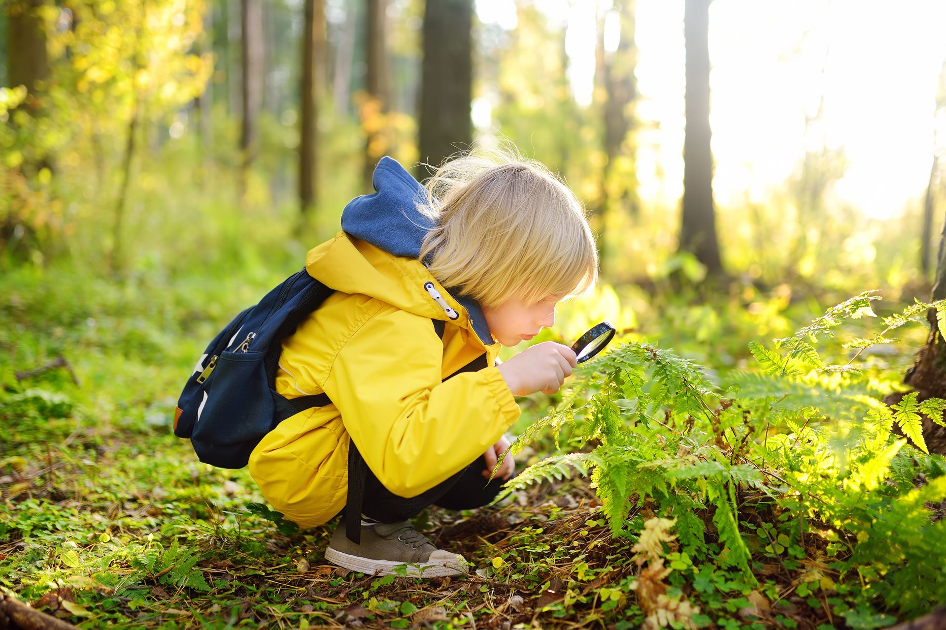 Waldkindergarten Kind spielt in Outdoorkleidung